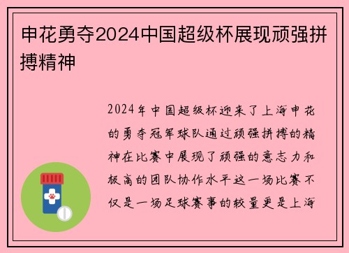 申花勇夺2024中国超级杯展现顽强拼搏精神