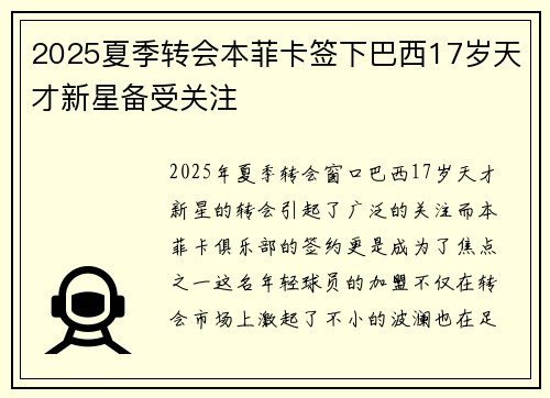 2025夏季转会本菲卡签下巴西17岁天才新星备受关注